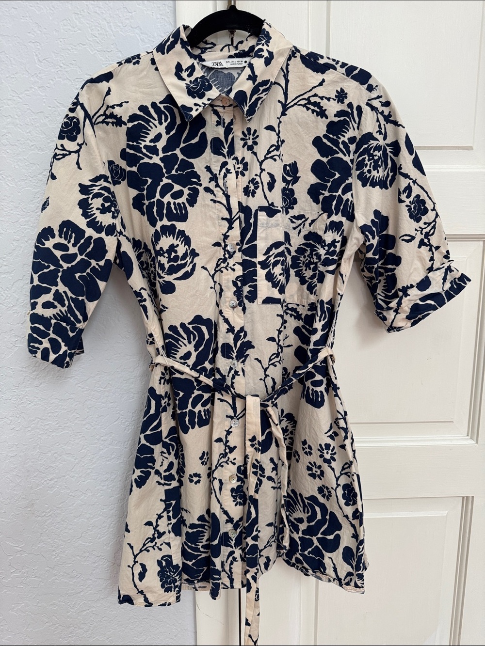 Zara Cream Shirt Dress with Navy Floral Print